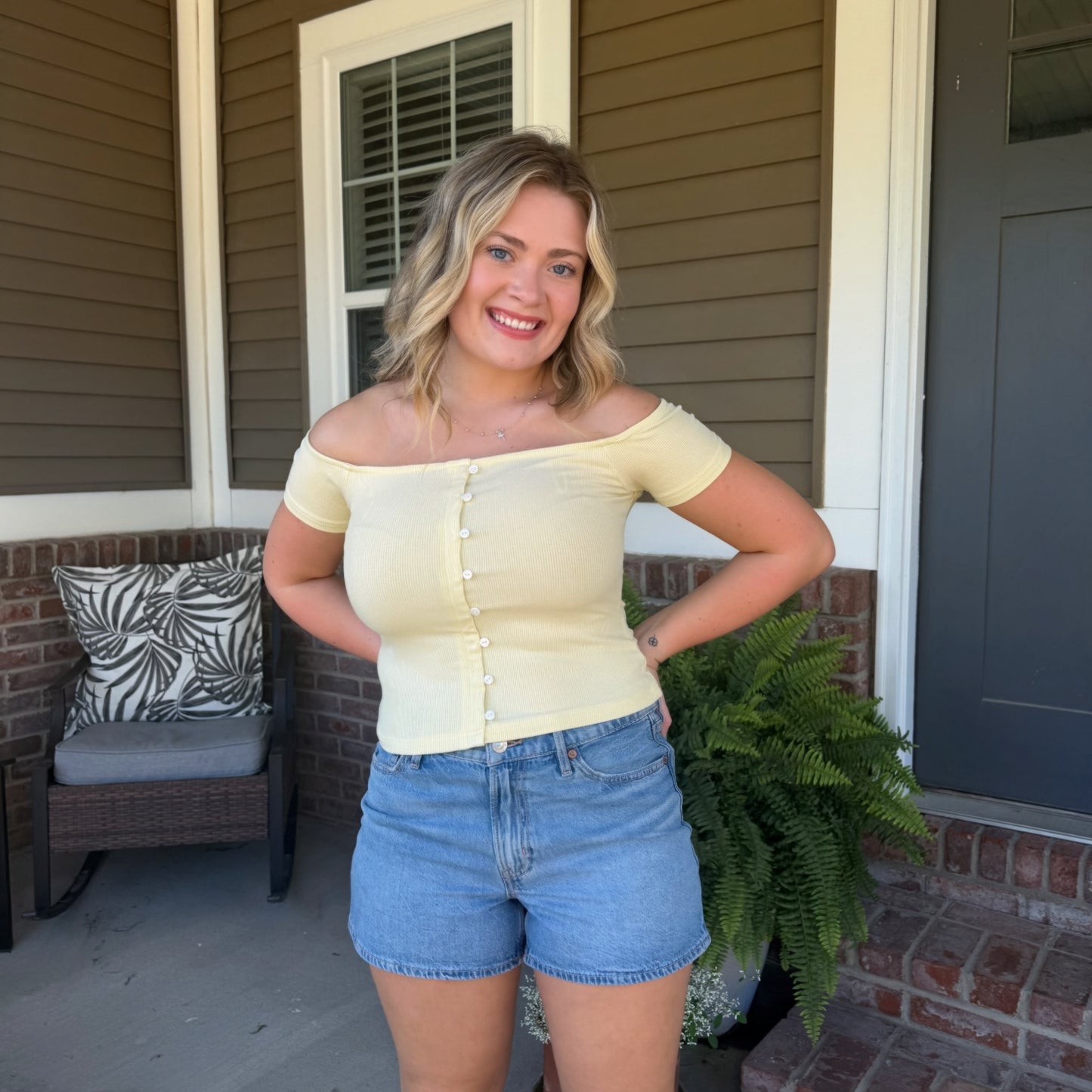 Sunlit Harbor Button Top